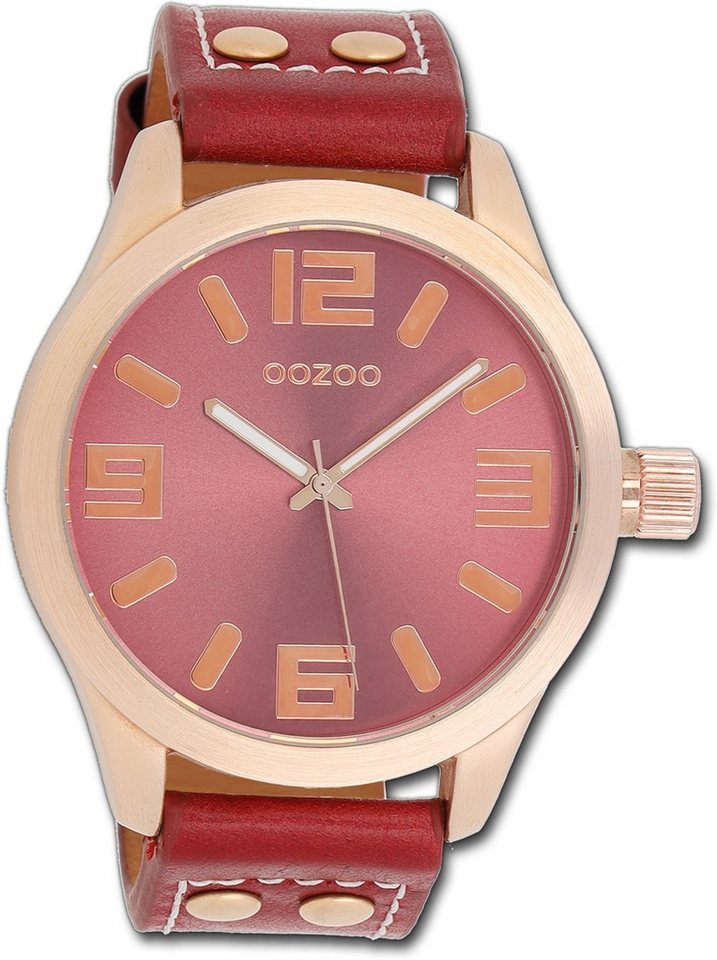OOZOO Quarzuhr Oozoo Damen Armbanduhr Timepieces, Damenuhr Lederarmband rot, rundes Gehäuse, extra groß (ca. 46mm) von OOZOO