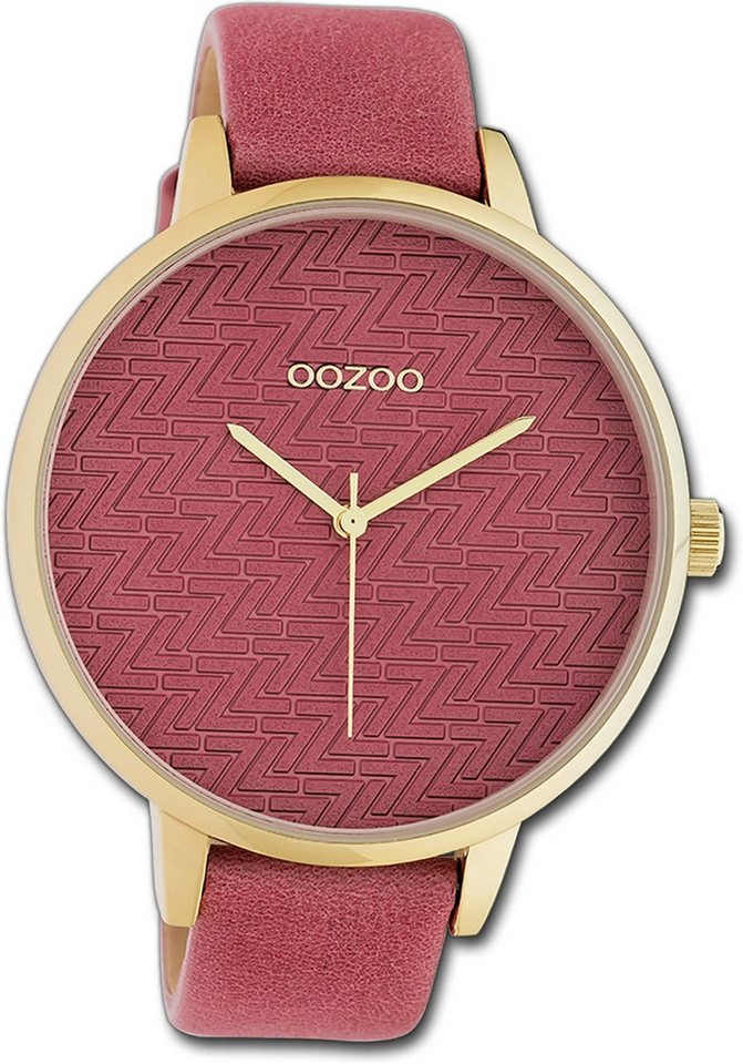 OOZOO Quarzuhr Oozoo Damen Armbanduhr Timepieces, Damenuhr Lederarmband rot, rundes Gehäuse, extra groß (ca. 48mm) von OOZOO