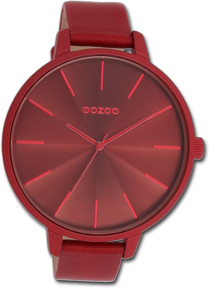 OOZOO Quarzuhr Oozoo Damen Armbanduhr Timepieces, Damenuhr Lederarmband rot, rundes Gehäuse, extra groß (ca. 48mm) von OOZOO