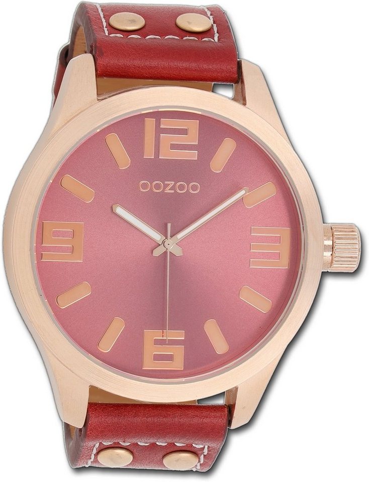 OOZOO Quarzuhr Oozoo Damen Armbanduhr Timepieces, Damenuhr Lederarmband rot, rundes Gehäuse, extra groß (ca. 51mm) von OOZOO