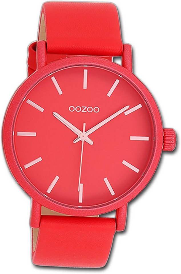 OOZOO Quarzuhr Oozoo Damen Armbanduhr Timepieces, Damenuhr Lederarmband rot, rundes Gehäuse, groß (ca. 42mm) von OOZOO