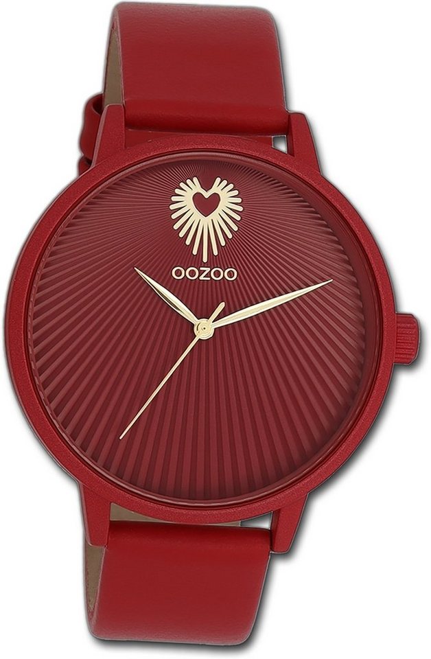 OOZOO Quarzuhr Oozoo Damen Armbanduhr Timepieces, Damenuhr Lederarmband rot, rundes Gehäuse, groß (ca. 42mm) von OOZOO