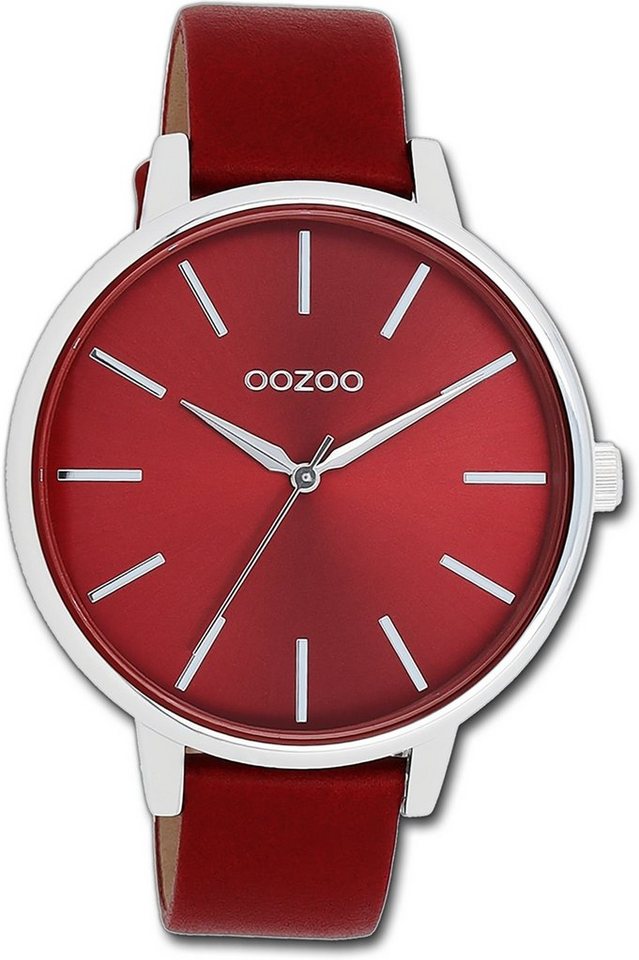 OOZOO Quarzuhr Oozoo Damen Armbanduhr Timepieces, Damenuhr Lederarmband rot, rundes Gehäuse, groß (ca. 42mm) von OOZOO