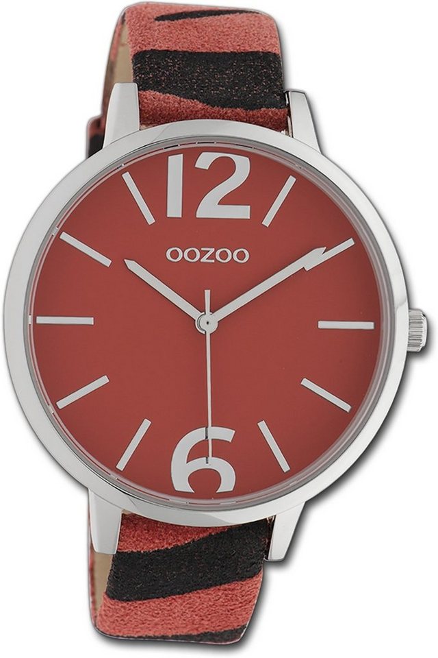 OOZOO Quarzuhr Oozoo Damen Armbanduhr Timepieces, Damenuhr Lederarmband rot, schwarz, rundes Gehäuse, groß (ca. 43mm) von OOZOO