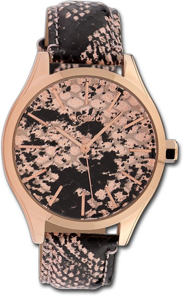 OOZOO Quarzuhr Oozoo Damen Armbanduhr Timepieces, Damenuhr Lederarmband schwarz, hellbraun, rundes Gehäuse, groß (42mm) von OOZOO