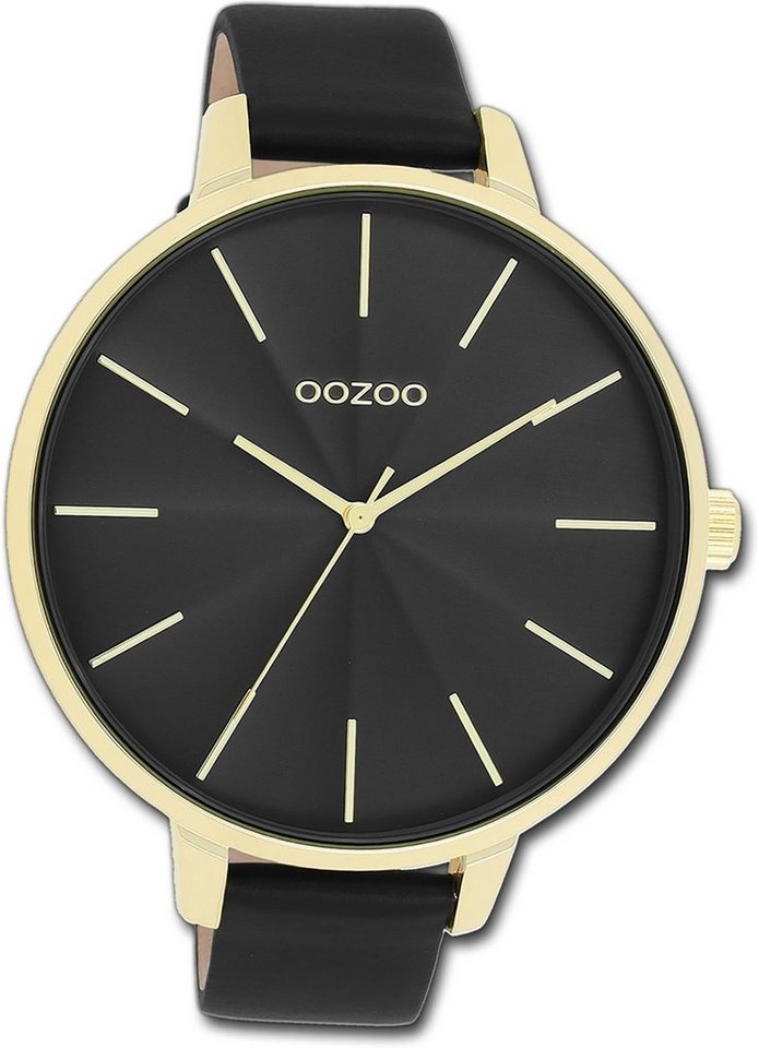 OOZOO Quarzuhr Oozoo Damen Armbanduhr Timepieces, Damenuhr Lederarmband schwarz, rundes Gehäuse, extra groß (ca. 48mm) von OOZOO