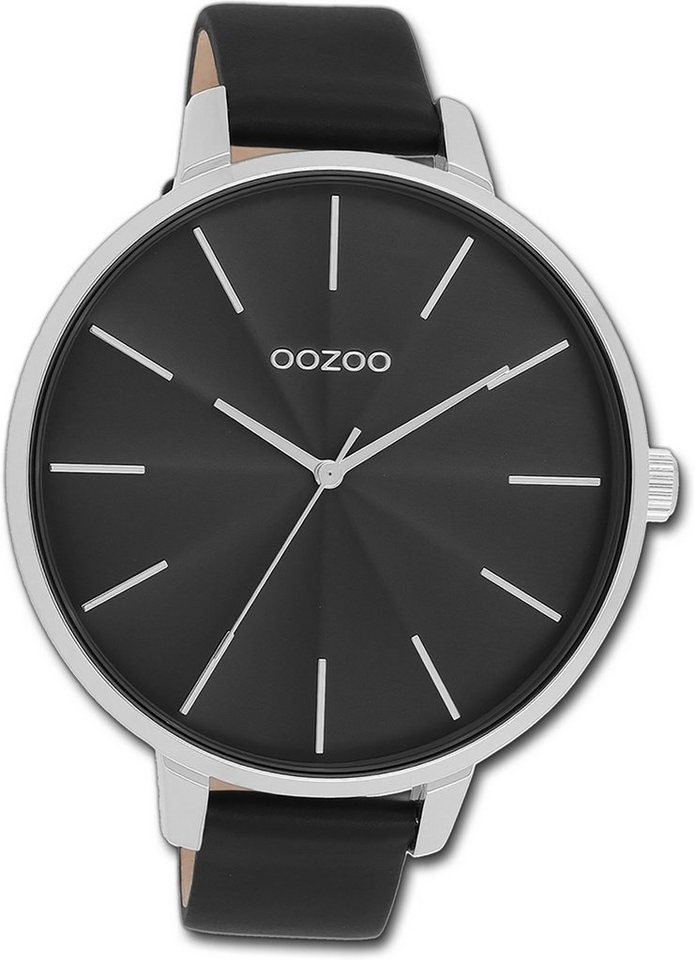 OOZOO Quarzuhr Oozoo Damen Armbanduhr Timepieces, Damenuhr Lederarmband schwarz, rundes Gehäuse, extra groß (ca. 48mm) von OOZOO