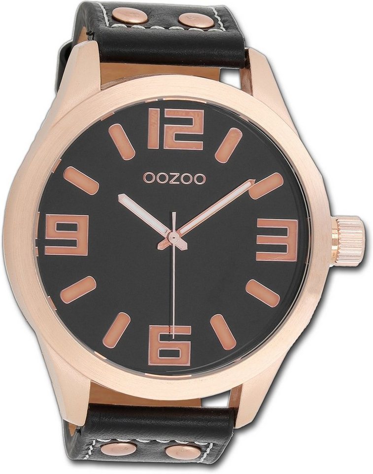 OOZOO Quarzuhr Oozoo Damen Armbanduhr Timepieces, Damenuhr Lederarmband schwarz, rundes Gehäuse, extra groß (ca. 51mm) von OOZOO