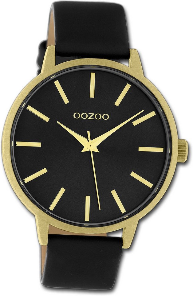 OOZOO Quarzuhr Oozoo Damen Armbanduhr Timepieces, Damenuhr Lederarmband schwarz, rundes Gehäuse, groß (ca. 42mm) von OOZOO