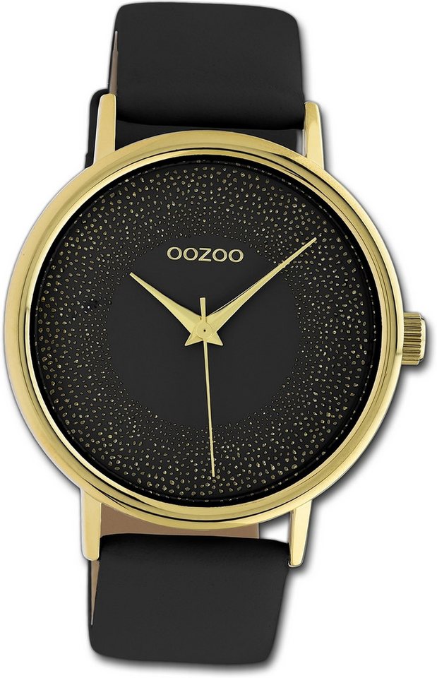 OOZOO Quarzuhr Oozoo Damen Armbanduhr Timepieces, Damenuhr Lederarmband schwarz, rundes Gehäuse, groß (ca. 42mm) von OOZOO