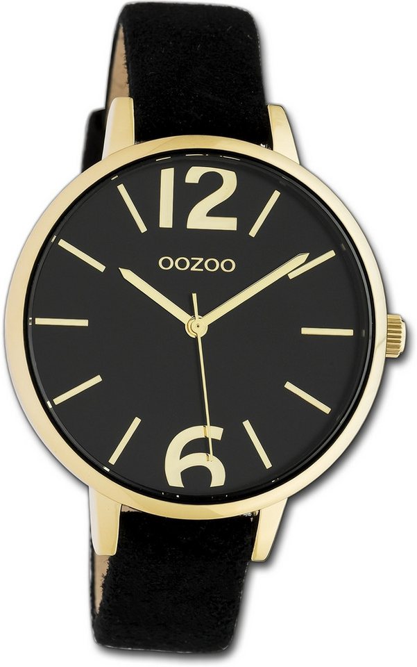 OOZOO Quarzuhr Oozoo Damen Armbanduhr Timepieces, Damenuhr Lederarmband schwarz, rundes Gehäuse, groß (ca. 42mm) von OOZOO