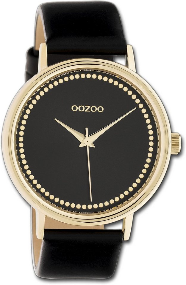 OOZOO Quarzuhr Oozoo Damen Armbanduhr Timepieces, Damenuhr Lederarmband schwarz, rundes Gehäuse, groß (ca. 42mm) von OOZOO