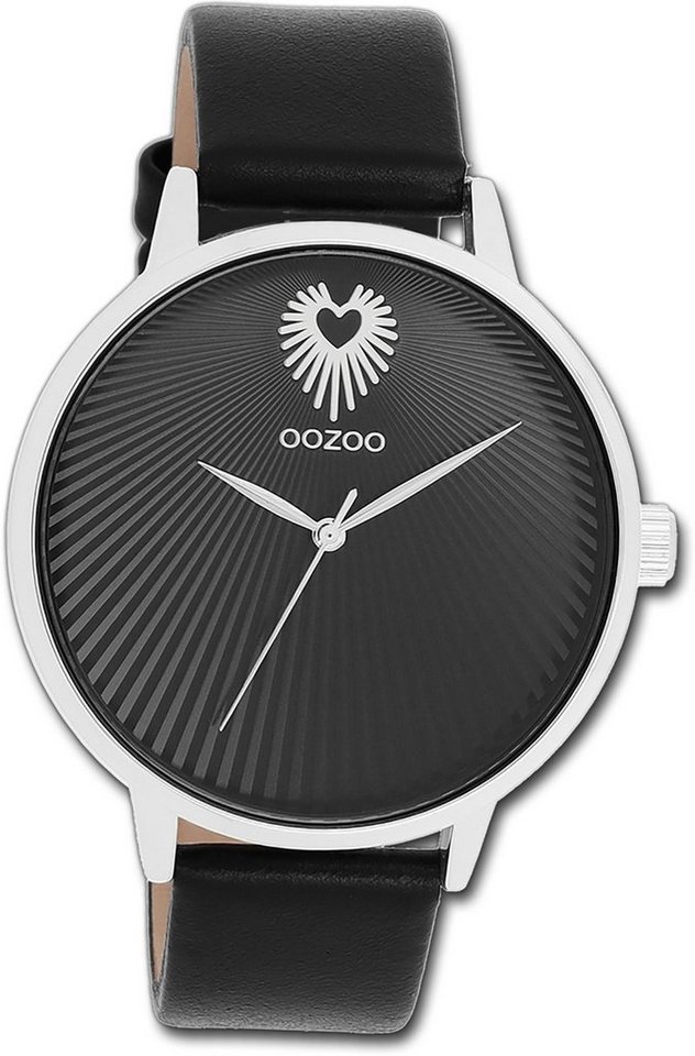 OOZOO Quarzuhr Oozoo Damen Armbanduhr Timepieces, (Analoguhr), Damenuhr Lederarmband schwarz, rundes Gehäuse, groß (ca. 42mm) von OOZOO