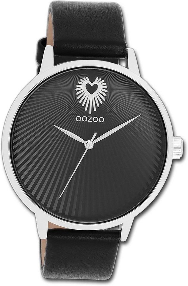 OOZOO Quarzuhr Oozoo Damen Armbanduhr Timepieces, Damenuhr Lederarmband schwarz, rundes Gehäuse, groß (ca. 42mm) von OOZOO