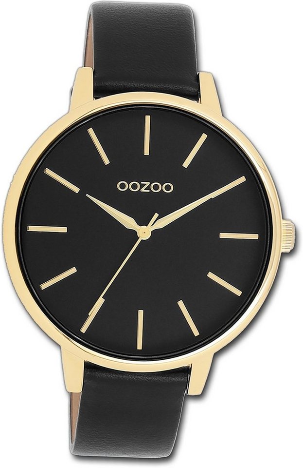 OOZOO Quarzuhr Oozoo Damen Armbanduhr Timepieces, Damenuhr Lederarmband schwarz, rundes Gehäuse, groß (ca. 42mm) von OOZOO