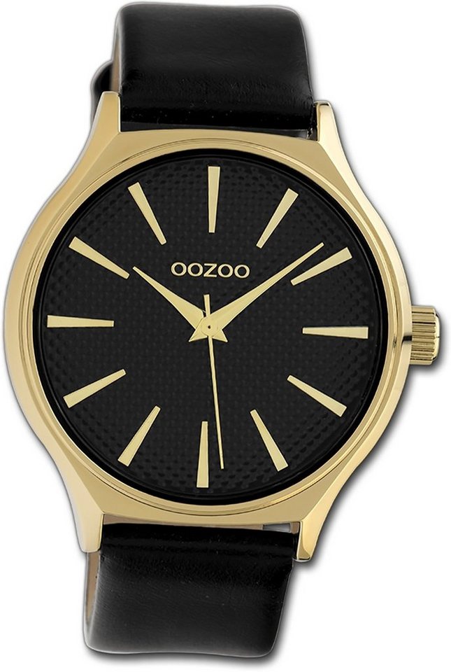 OOZOO Quarzuhr Oozoo Damen Armbanduhr Timepieces, Damenuhr Lederarmband schwarz, rundes Gehäuse, groß (ca. 42mm) von OOZOO