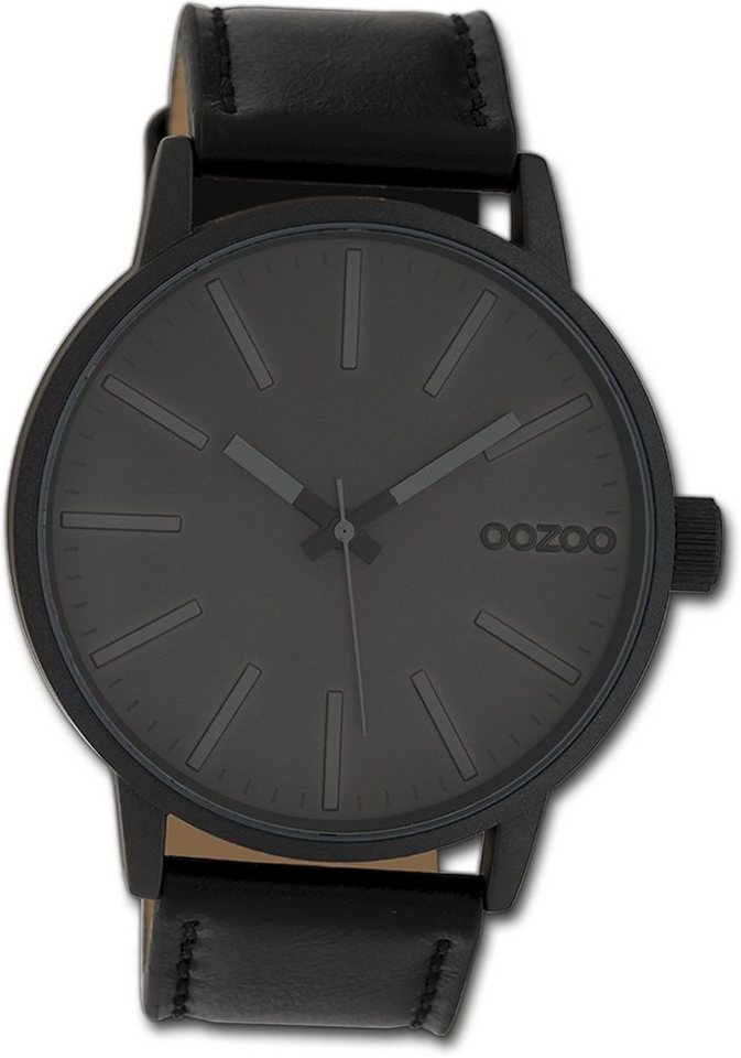 OOZOO Quarzuhr Oozoo Damen Armbanduhr Timepieces, Damenuhr Lederarmband schwarz, rundes Gehäuse, groß (ca. 45mm) von OOZOO