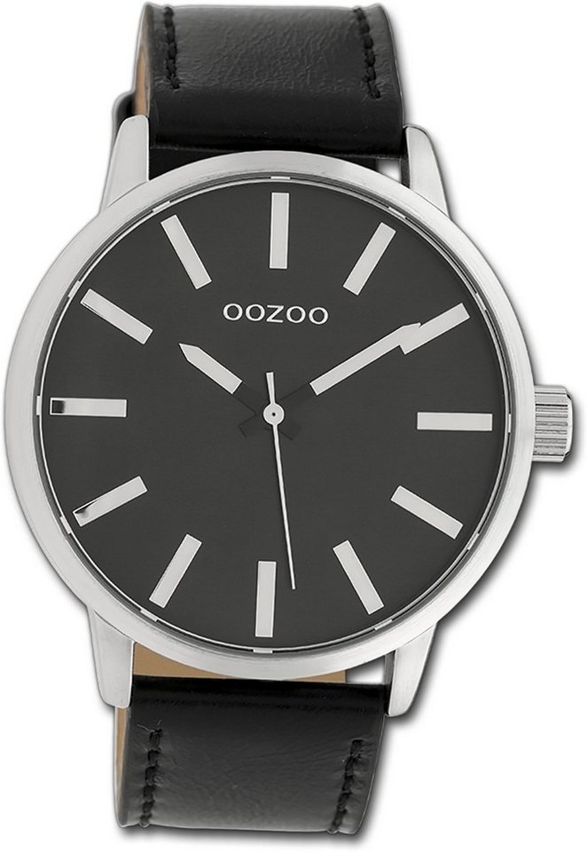 OOZOO Quarzuhr Oozoo Damen Armbanduhr Timepieces, Damenuhr Lederarmband schwarz, rundes Gehäuse, groß (ca. 45mm) von OOZOO