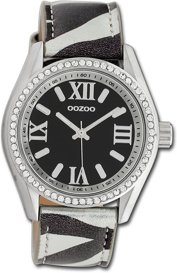 OOZOO Quarzuhr Oozoo Damen Armbanduhr Timepieces, Damenuhr Lederarmband schwarz, weiß, rundes Gehäuse, groß (ca. 40mm) von OOZOO