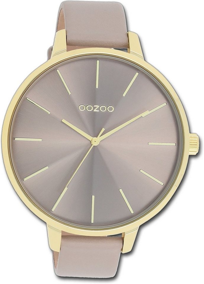 OOZOO Quarzuhr Oozoo Damen Armbanduhr Timepieces, Damenuhr Lederarmband taupe, braun, rundes Gehäuse, extra groß (48mm) von OOZOO