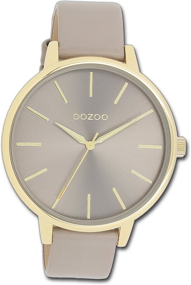 OOZOO Quarzuhr Oozoo Damen Armbanduhr Timepieces, Damenuhr Lederarmband taupe, braun, rundes Gehäuse, groß (ca. 42mm) von OOZOO