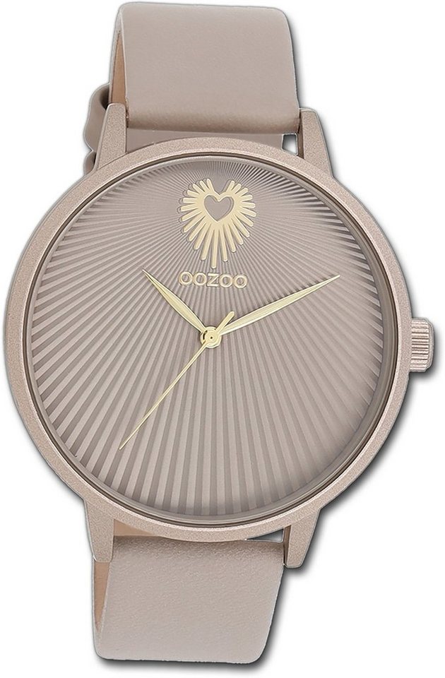 OOZOO Quarzuhr Oozoo Damen Armbanduhr Timepieces, Damenuhr Lederarmband taupe, braun, rundes Gehäuse, groß (ca. 42mm) von OOZOO