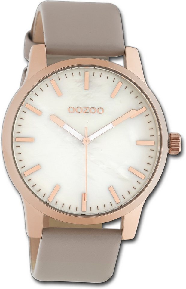 OOZOO Quarzuhr Oozoo Damen Armbanduhr Timepieces, Damenuhr Lederarmband taupe, hellbraun, rundes Gehäuse, groß (ca 42mm) von OOZOO