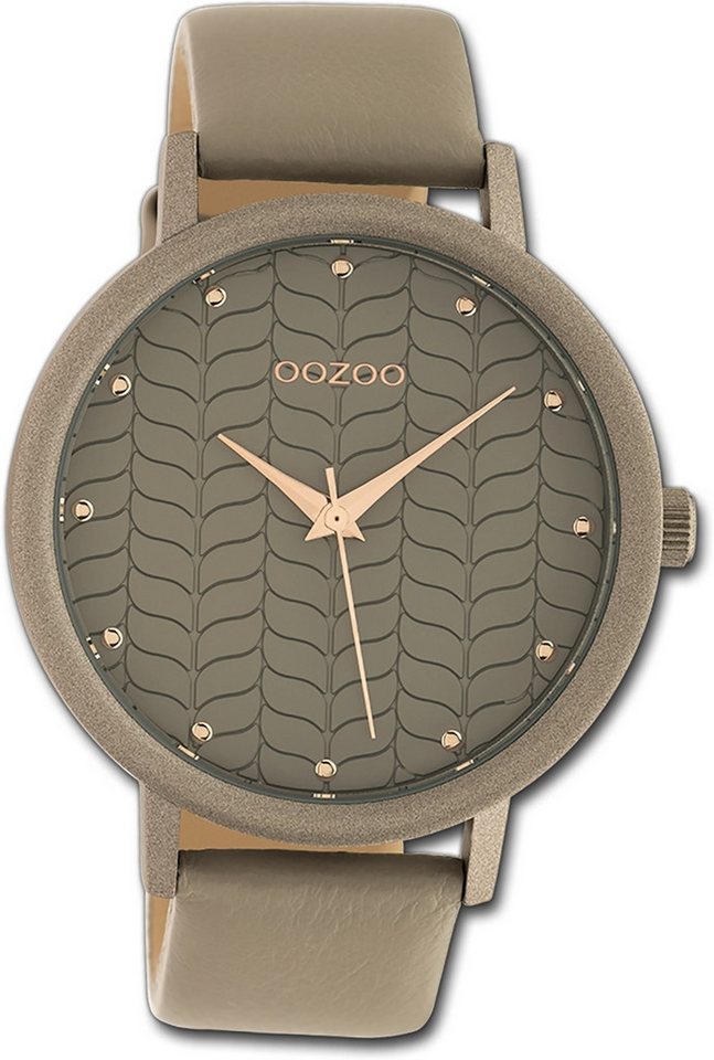 OOZOO Quarzuhr Oozoo Damen Armbanduhr Timepieces, Damenuhr Lederarmband taupe, hellbraun, rundes Gehäuse, groß (ca 45mm) von OOZOO