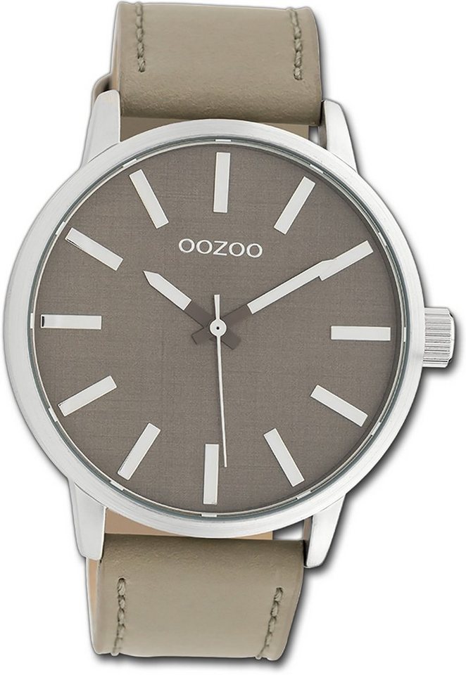 OOZOO Quarzuhr Oozoo Damen Armbanduhr Timepieces, Damenuhr Lederarmband taupe, rundes Gehäuse, groß (ca. 45mm) von OOZOO