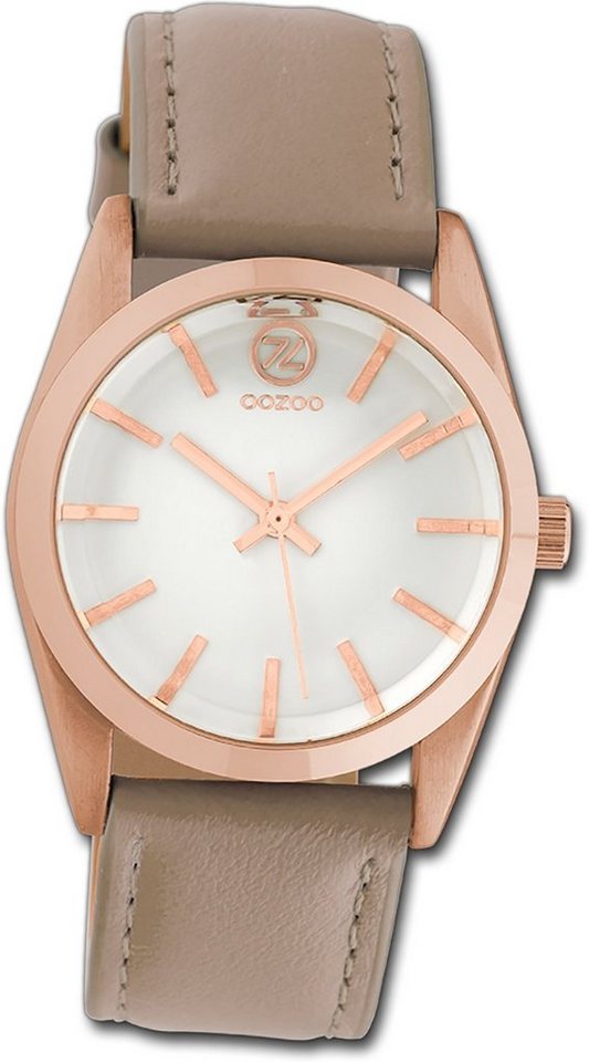 OOZOO Quarzuhr Oozoo Damen Armbanduhr Timepieces, Damenuhr Lederarmband taupe, rundes Gehäuse, mittel (ca. 33mm) von OOZOO