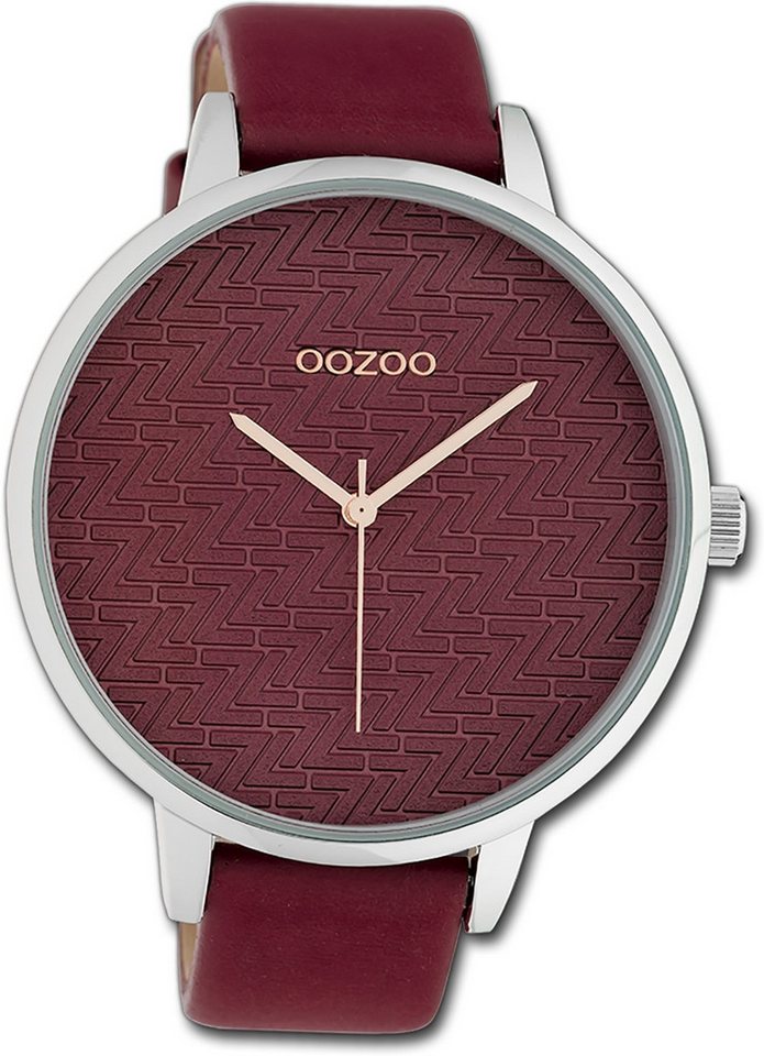 OOZOO Quarzuhr Oozoo Damen Armbanduhr Timepieces, Damenuhr Lederarmband weinrot, rundes Gehäuse, extra groß (ca. 48mm) von OOZOO