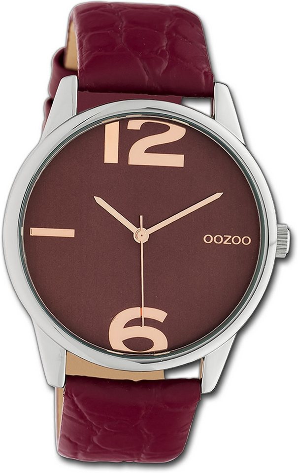 OOZOO Quarzuhr Oozoo Damen Armbanduhr Timepieces, Damenuhr Lederarmband weinrot, rundes Gehäuse, groß (ca. 40mm) von OOZOO