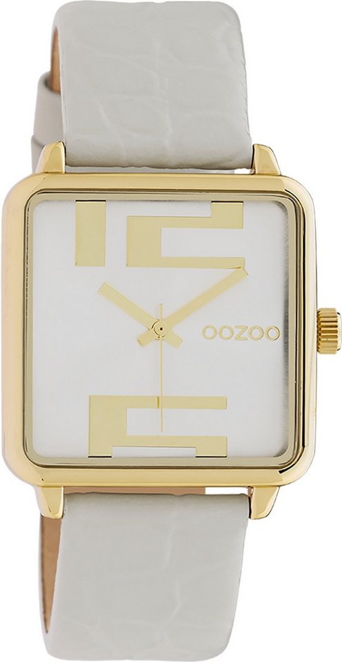 OOZOO Quarzuhr Oozoo Damen Armbanduhr Timepieces Analog, (Analoguhr), Damenuhr quadrat, extra groß (30x30mm), Lederarmband hellgrau, Fashion von OOZOO