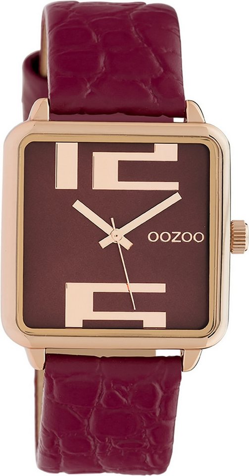 OOZOO Quarzuhr Oozoo Damen Armbanduhr Timepieces Analog, (Analoguhr), Damenuhr quadrat, extra groß (ca. 30x30mm), Lederarmband rot, Fashion von OOZOO