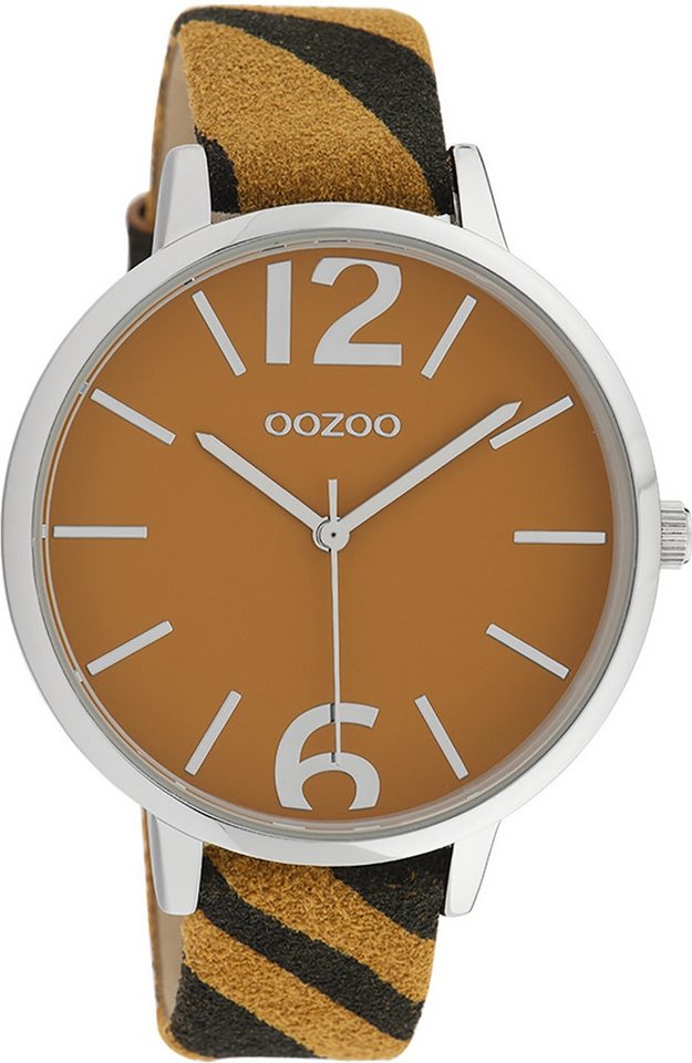 OOZOO Quarzuhr Oozoo Damen Armbanduhr Timepieces Analog, (Analoguhr), Damenuhr rund, groß (43mm) Lederarmband dunkelgelb, schwarz, Fashion von OOZOO