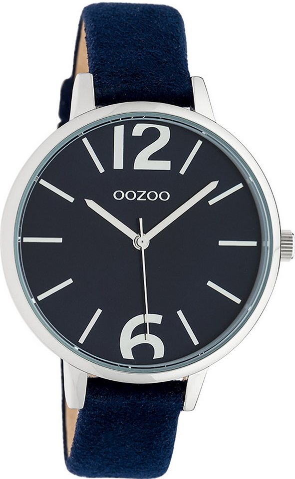 OOZOO Quarzuhr Oozoo Damen Armbanduhr Timepieces Analog, (Analoguhr), Damenuhr rund, groß (ca. 42mm), Lederarmband dunkelblau, Fashion von OOZOO