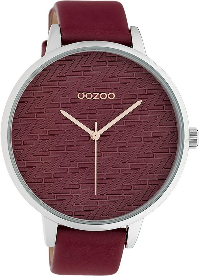 OOZOO Quarzuhr Oozoo Damen Armbanduhr Timepieces Analog, Damenuhr rund, extra groß (ca. 48mm), Lederarmband weinrot, Fashion von OOZOO