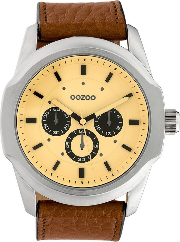 OOZOO Quarzuhr Oozoo Damen Armbanduhr Timepieces Analog, Damenuhr rund, extra groß (ca. 48mm) Lederarmband braun von OOZOO