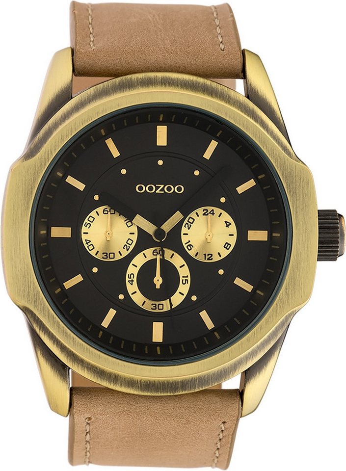 OOZOO Quarzuhr Oozoo Damen Armbanduhr Timepieces Analog, Damenuhr rund, extra groß (ca. 48mm) Lederarmband hellbraun von OOZOO