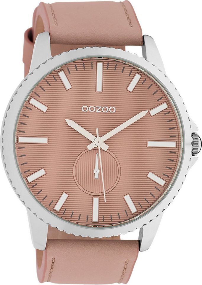 OOZOO Quarzuhr Oozoo Damen Armbanduhr Timepieces Analog, Damenuhr rund, extra groß (ca. 48mm) Lederarmband rosa von OOZOO