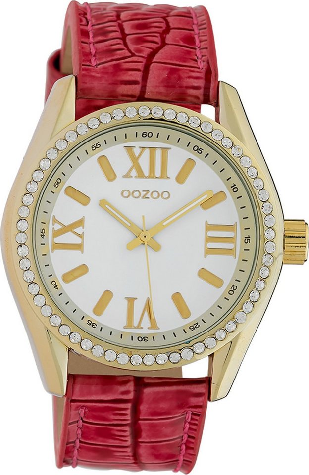 OOZOO Quarzuhr Oozoo Damen Armbanduhr Timepieces Analog, Damenuhr rund, groß (ca. 40mm) Lederarmband pink von OOZOO