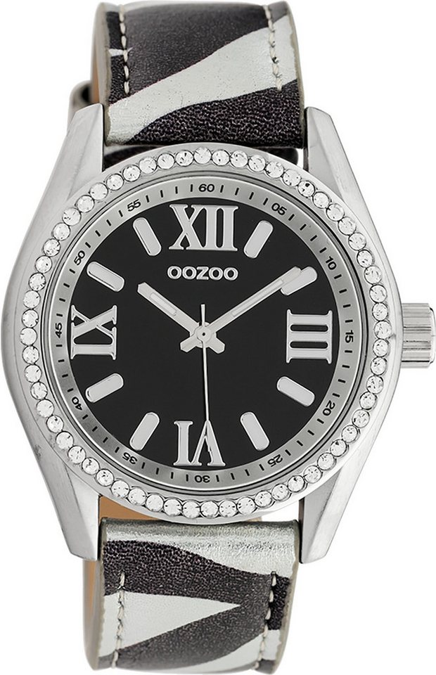 OOZOO Quarzuhr Oozoo Damen Armbanduhr Timepieces Analog, Damenuhr rund, groß (ca. 40mm) Lederarmband schwarz, weiß von OOZOO