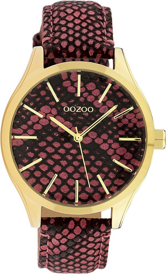OOZOO Quarzuhr Oozoo Damen Armbanduhr Timepieces Analog, (Analoguhr), Damenuhr rund, groß (ca. 42mm), Lederarmband pink, schwarz, Fashion von OOZOO