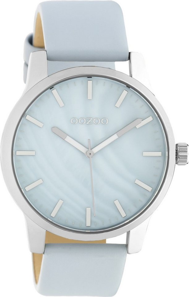 OOZOO Quarzuhr Oozoo Damen Armbanduhr Timepieces Analog, Damenuhr rund, groß (ca. 42mm) Lederarmband hellblau von OOZOO