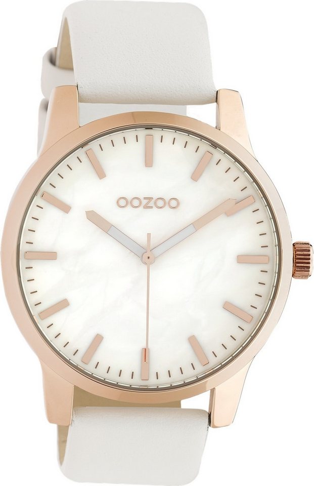 OOZOO Quarzuhr Oozoo Damen Armbanduhr Timepieces Analog, Damenuhr rund, groß (ca. 42mm) Lederarmband weiß von OOZOO