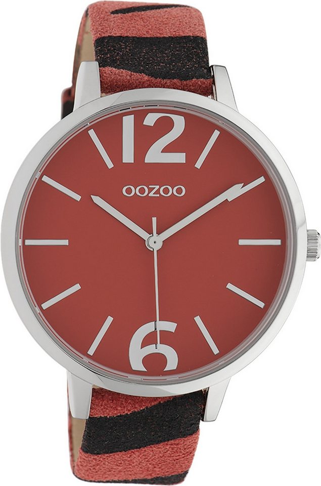 OOZOO Quarzuhr Oozoo Damen Armbanduhr Timepieces Analog, Damenuhr rund, groß (ca. 43mm), Lederarmband rot, schwarz, Fashion von OOZOO