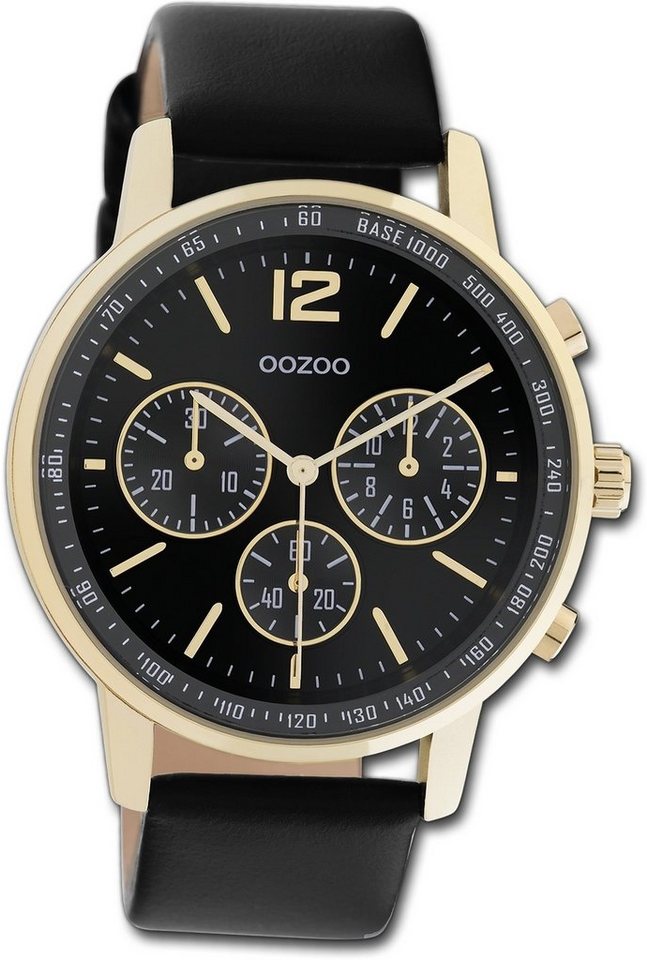 OOZOO Quarzuhr Oozoo Damen Armbanduhr Timepieces gold, Damenuhr Lederarmband schwarz, rundes Gehäuse, groß (ca. 42mm) von OOZOO