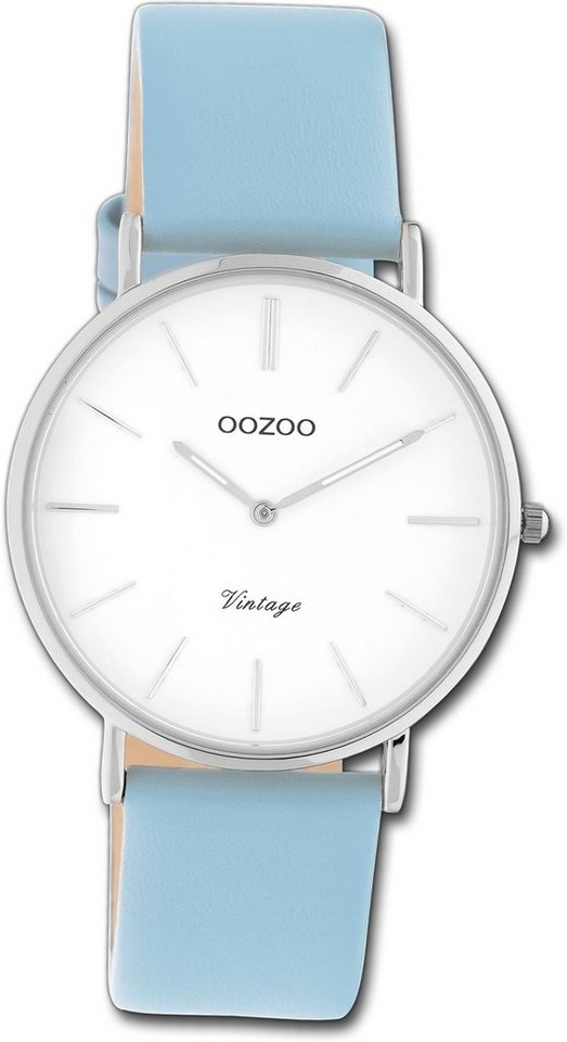 OOZOO Quarzuhr Oozoo Damen Armbanduhr Ultra Slim, Damenuhr Lederarmband hellblau, rundes Gehäuse, mittel (ca. 36mm) von OOZOO