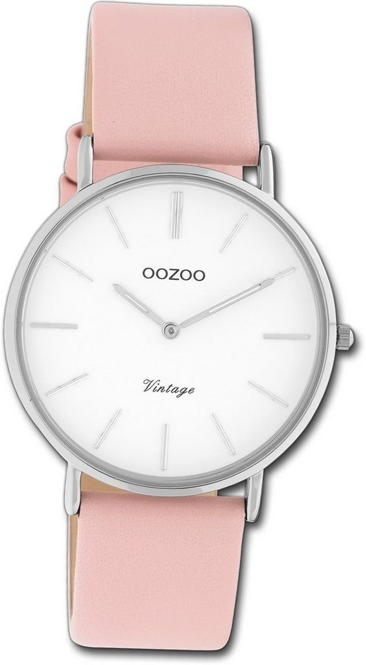 OOZOO Quarzuhr Oozoo Damen Armbanduhr Ultra Slim, Damenuhr Lederarmband rosa, rundes Gehäuse, mittel (ca. 36mm) von OOZOO