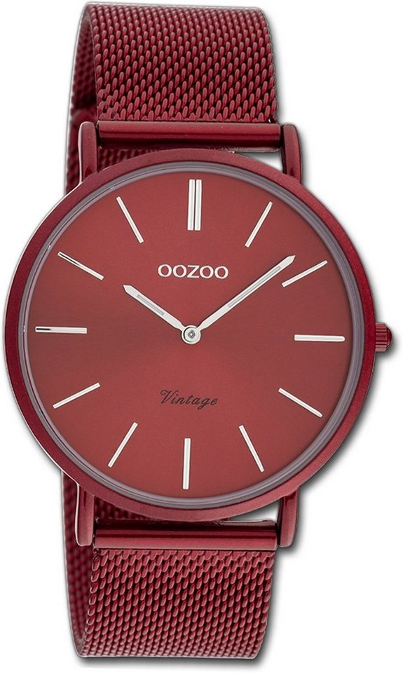 OOZOO Quarzuhr Oozoo Damen Armbanduhr Ultra Slim, Damenuhr Edelstahlarmband rot burgund, rundes Gehäuse, mittel ca 40mm von OOZOO
